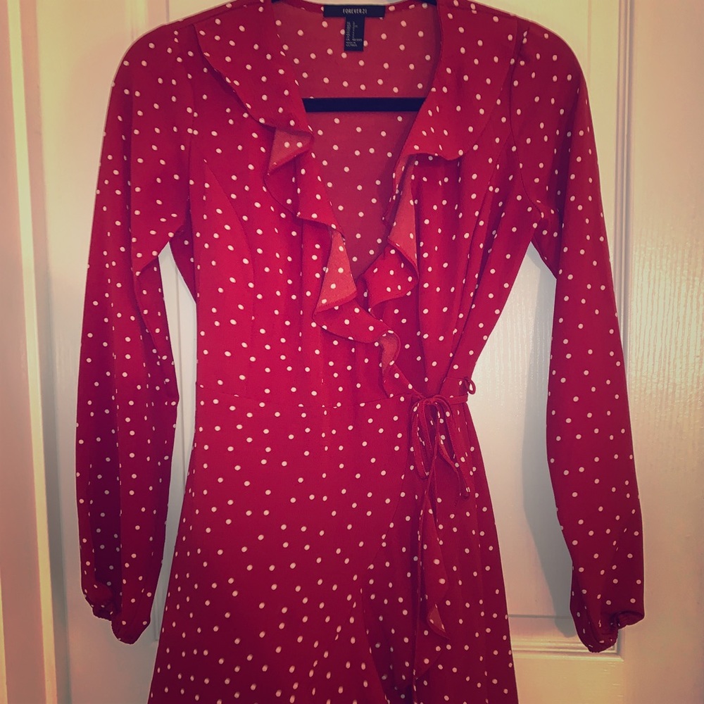 Red polka dot wrap long sleeve dress